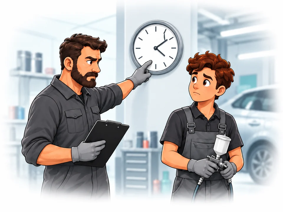 Un chef d’atelier montre l’horloge à un jeune carrossier