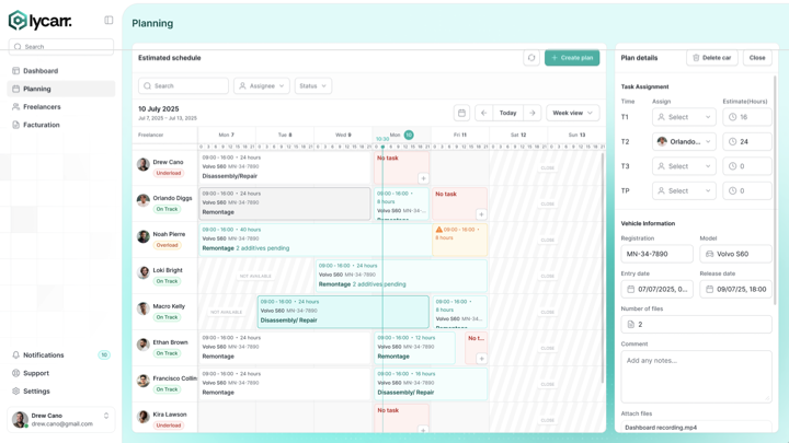Capture de l’application Lycarr : vue Planning avec grille semaine, lignes par intervenant, blocs de tâches véhicule et panneau détail.
